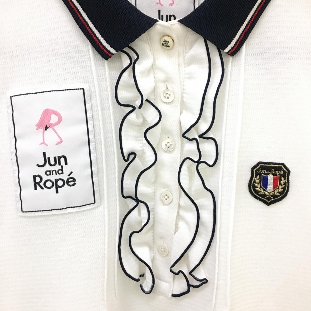 ジュンアンドロペ 半袖ポロシャツ 白×ネイビー 前立てフリル レディース ゴルフウェア JUN＆ROPE_画像3