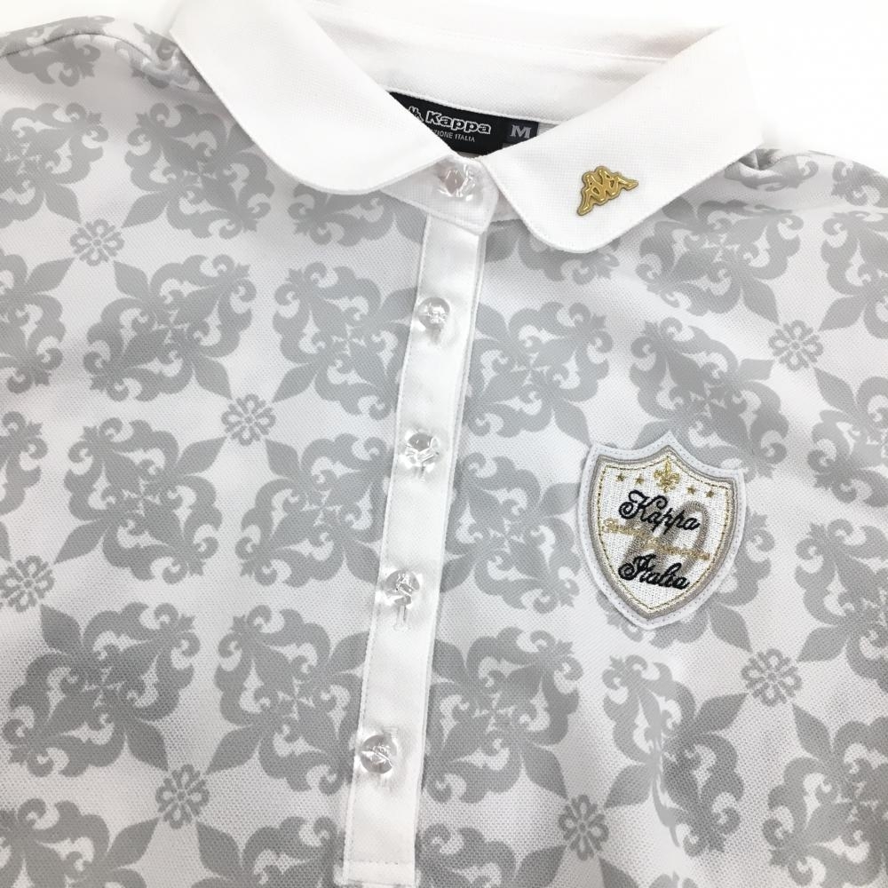 【超美品】カッパ 半袖ポロシャツ 白×グレー 総柄 胸元ワッペン 襟ロゴ レディース M ゴルフウェア Kappa_画像3