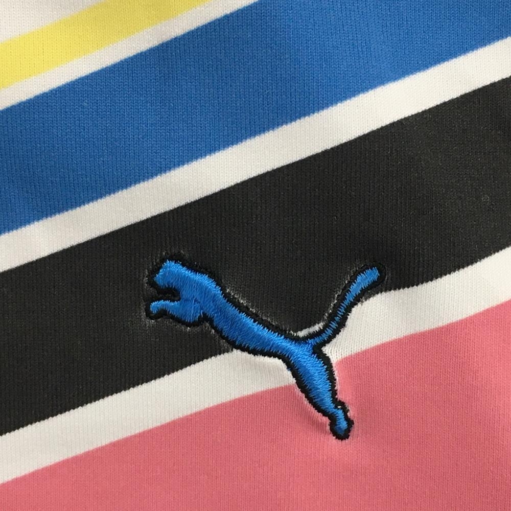 【美品】プーマ 半袖ポロシャツ ライトブルー×マルチカラー 胸元ロゴ刺しゅう 一部斜めストライプ メンズ M ゴルフウェア PUMA_画像3