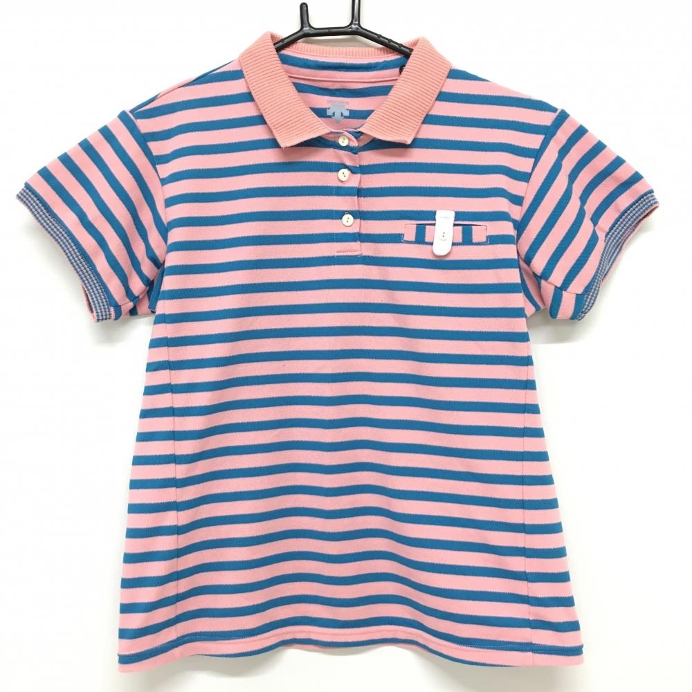 デサント 半袖ポロシャツ ピンク×ブルー ボーダー柄 胸ポケットボタン レディース O ゴルフウェア DESCENTE_画像1