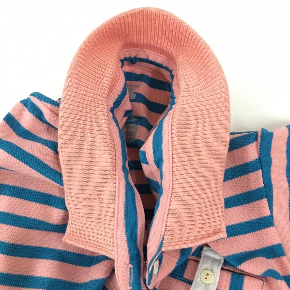 デサント 半袖ポロシャツ ピンク×ブルー ボーダー柄 胸ポケットボタン レディース O ゴルフウェア DESCENTE_画像6