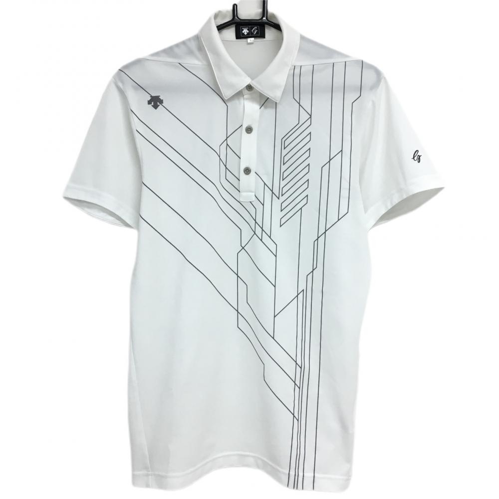 デサント 半袖ポロシャツ 白×グレー ライン柄 メンズ L ゴルフウェア DESCENTE_画像1