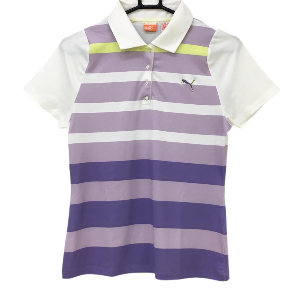 プーマ 半袖ポロシャツ 白×パープル ボーダー ロゴ刺しゅう レディース M ゴルフウェア PUMA_画像1