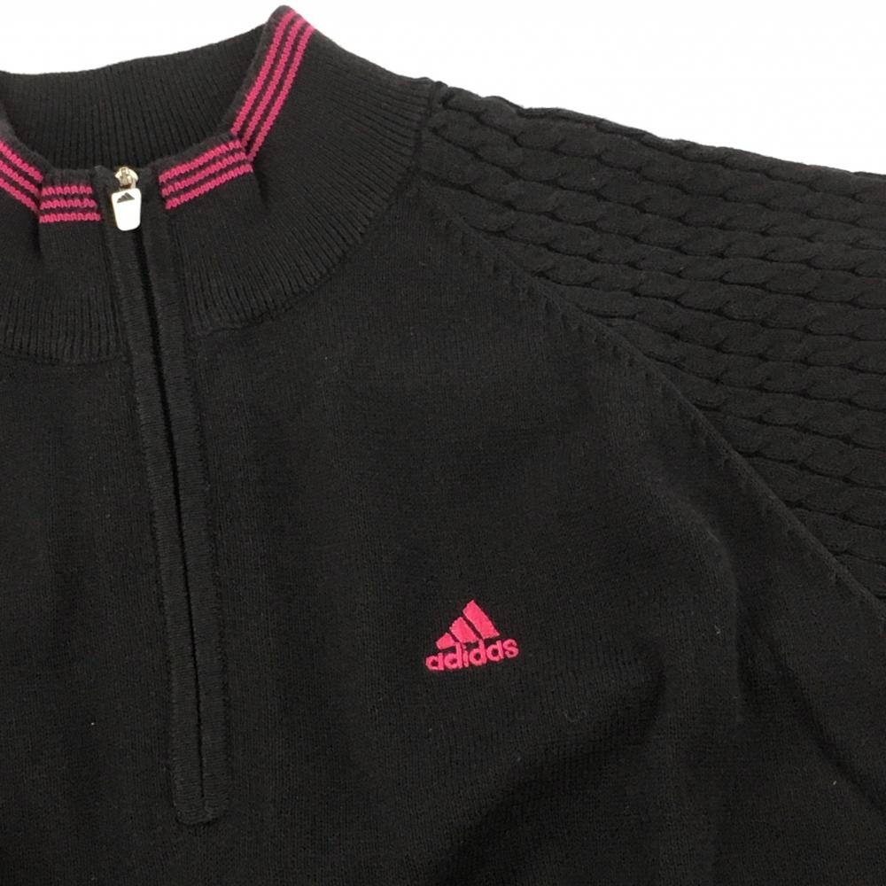 【美品】アディダス 半袖ハイネックセーター 黒×ピンク ロゴ刺しゅう ハーフジップ ネック3ライン レディース L/G ゴルフウェア adidas_画像3
