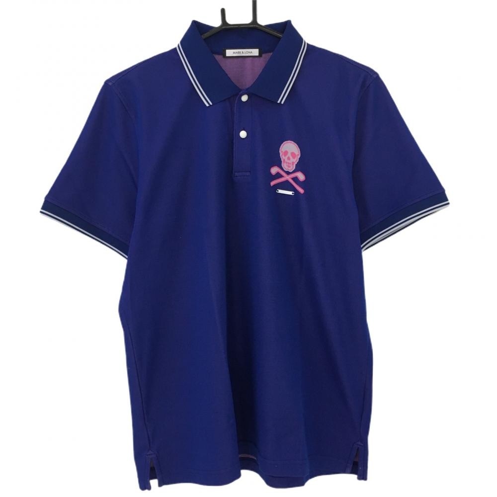 マークアンドロナ 半袖ポロシャツ ブルー×白 後ろビッグスカル 襟・袖口ライン メンズ 50 ゴルフウェア MARK＆LONAの画像1