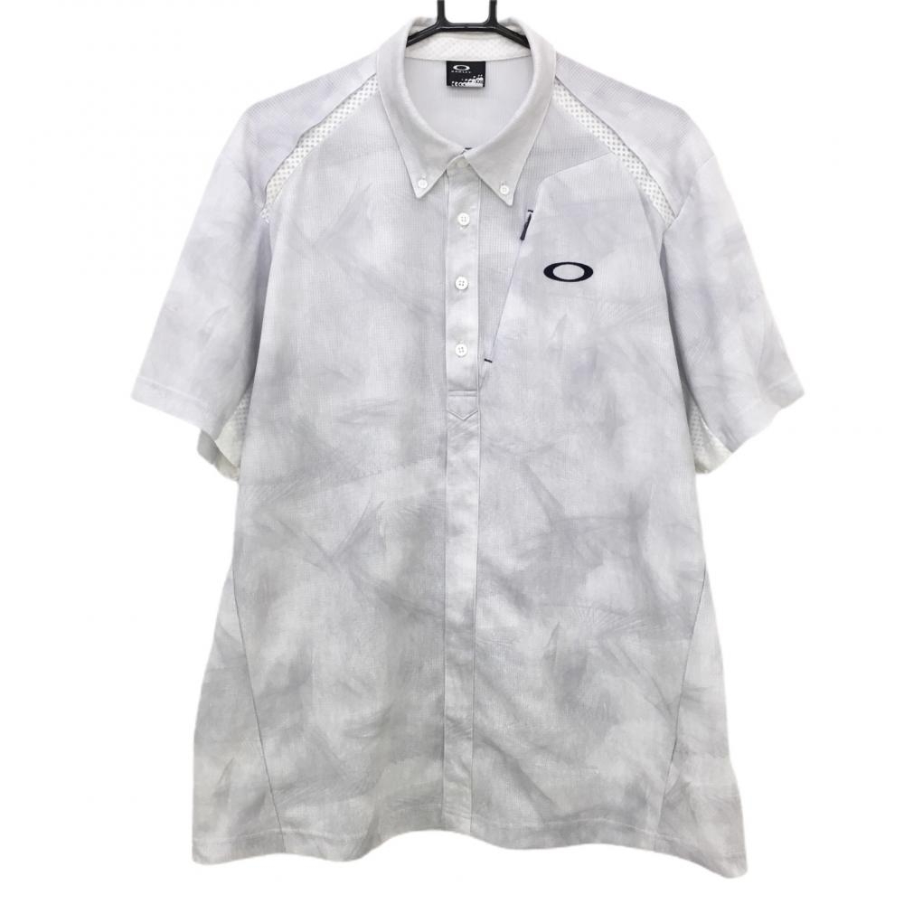 オークリー 半袖ポロシャツ ライトグレー×白 織生地 総柄 ロゴ刺しゅう メンズ XXL ゴルフウェア Oakleyの画像1