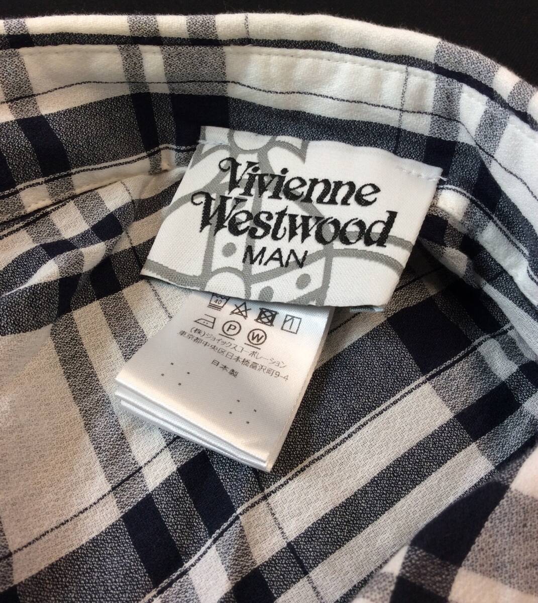 ヴィヴィアンウエストウッドマン Vivienne Westwood MAN アシンメトリー チェックシャツ オーブ 刺繍 コットン 薄手 白/紺 F 送料250円_画像8