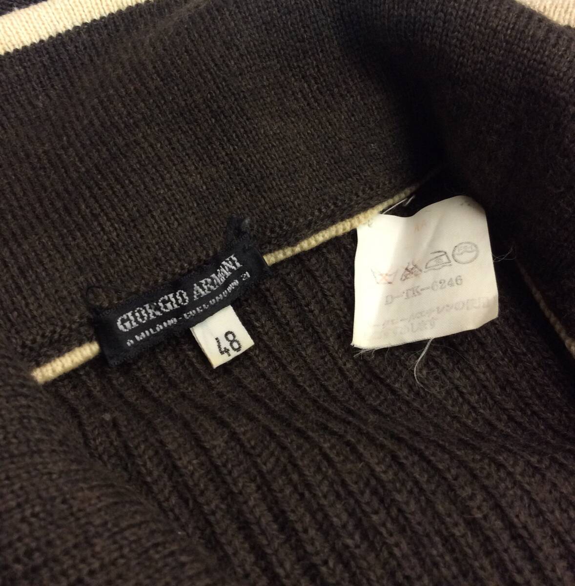 GIORGIO ARMANIjoru geo Armani воротник имеется вязаный свитер ITALY производства шерсть темно-коричневый / "теплый" белый серия мужской 48 (ma)