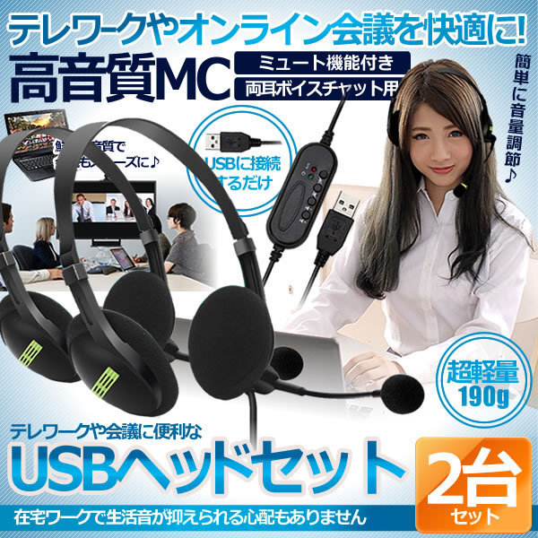 usb ヘッドセット 2台セット テレワーク ミュート機能付き 両耳ボイスチャット用 ヘッドフォン PC Windows Mac対応 2-USHEDSET_画像1