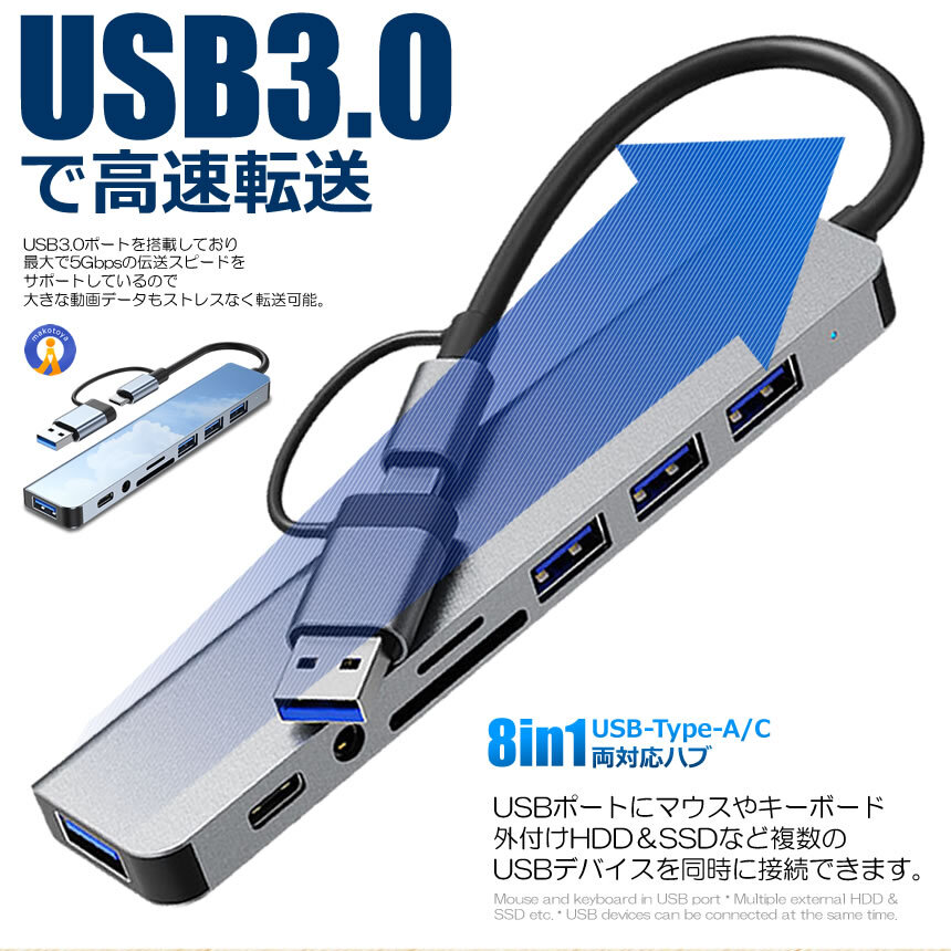 USB Type-C Type-A 変換アダプタ ハブ 両対応 8in1 USB3.0 対応 hub SD/microSDカードリーダー 8IN1HUBSV_画像4