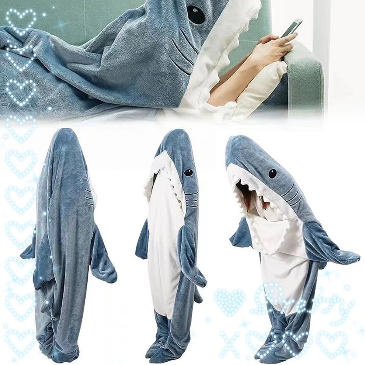 サメ 着ぐるみ M コスプレ パジャマ ルームウェア 毛布 寝袋 ブランケット 着る毛布 暖かい