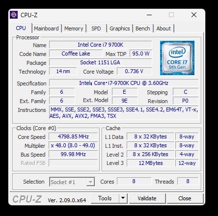 CPU Intel Core i7 9700K インテル BIOS,CPU-Z,CPU診断ツール、CINEBENCHで確認済み です。の画像7