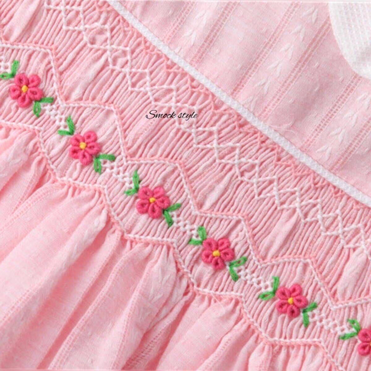 ワンピース ピンク 女の子 子供服 キッズ 花柄 スモッキング 半袖ワンピース 可愛い　ハンドメイド_画像3