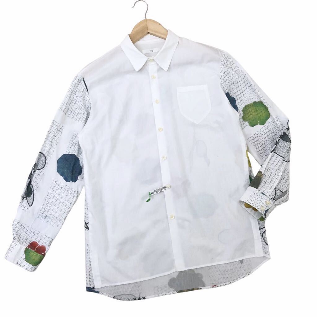 m510-5 ohta オオタ imo white shirts 柄 切り替えデザイン 長袖 シャツ カジュアルシャツ コットン 綿 100% トップス 白 メンズ M1 日本製_画像1