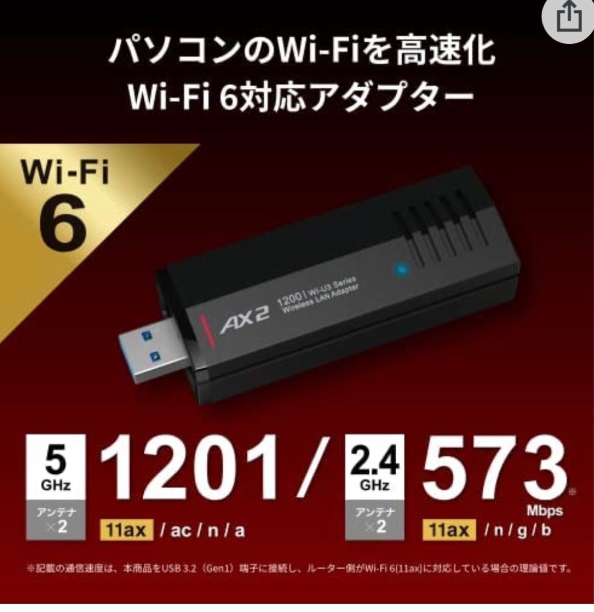 美品★パソコンを最新規格「Wi-Fi 6(11ax)」にアップグレード USB端子に装着して高速化★WI-U3-1200AX2