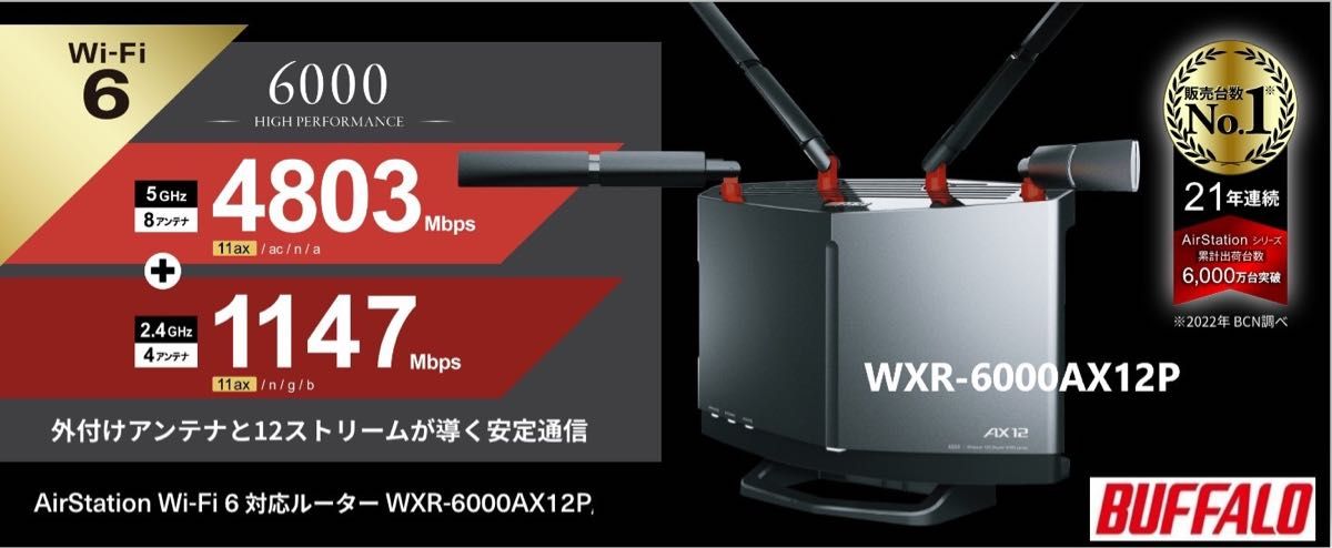 WiFi ルーター無線LAN Wi-Fi 6 11ax / 11ac 4803+1147MbpsWXR-6000AX12P