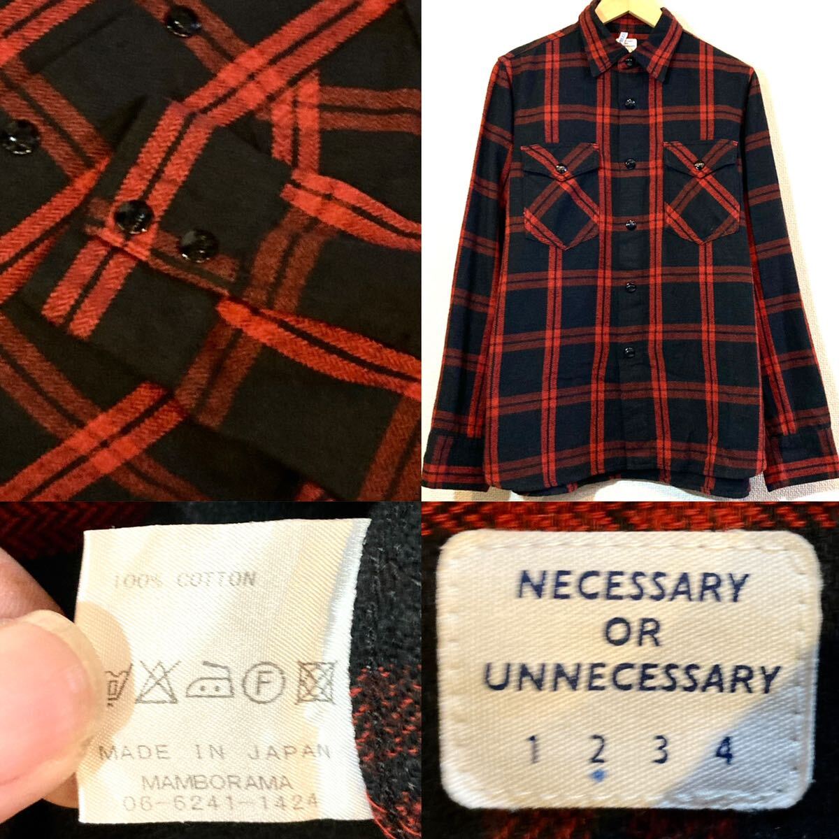 NECESSARY OR UNNECESSARY！フランネルシャツ！ネルシャツ！日本製！ネセサリーオアアンネセサリー！定価2万円！レッド！赤黒