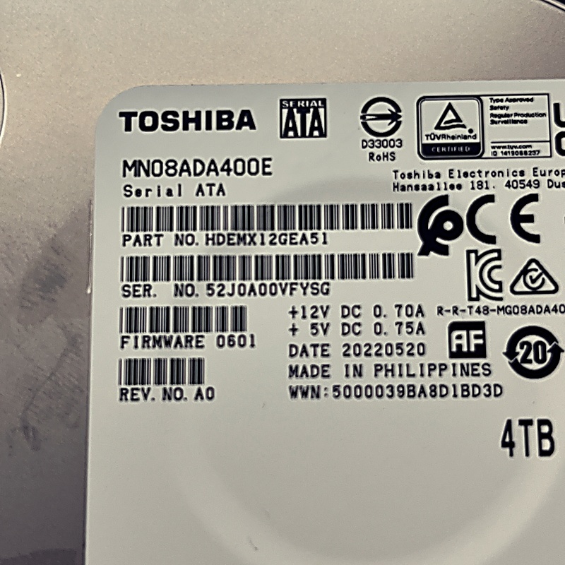 【中古】東芝 NASハードディスクドライブ3.5インチ 4TB MN08ADA400E (使用時間7298h)の画像2