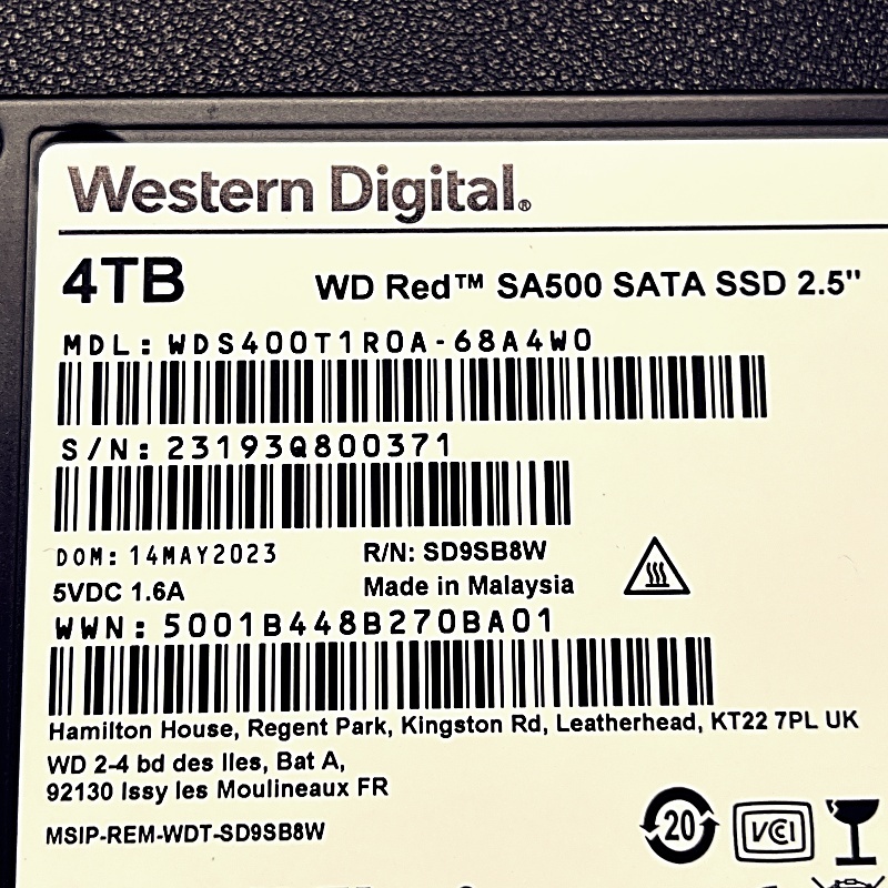 【中古】Western Digital WD Red SA500 SATA SSD 4TB WDS400T1R0A (使用時間4228h)の画像3