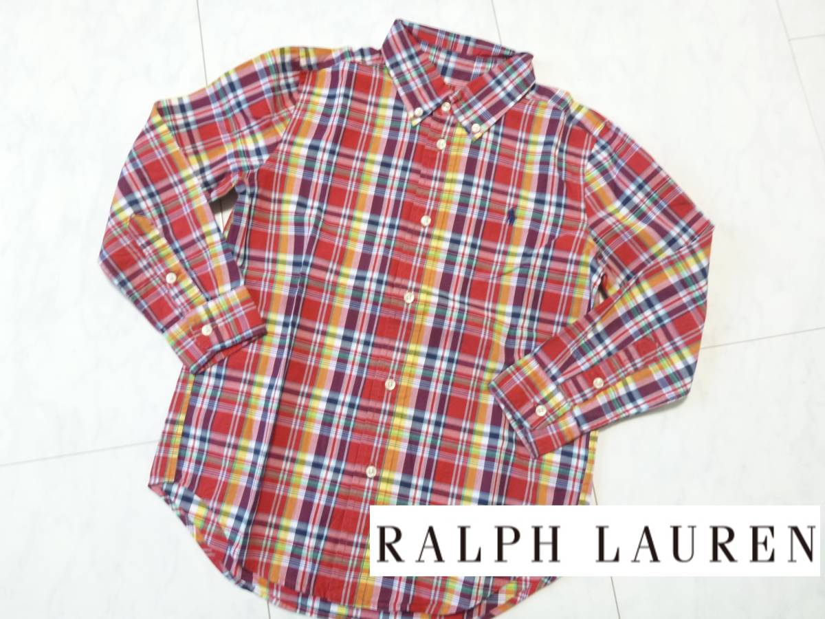 美品　RALPH LAUREN　ラルフローレン ★ 赤×紺×黄×他　チェック柄 長袖シャツ　120_画像1