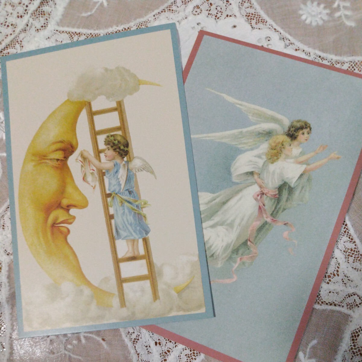 ドイツ製 ポストカード 2枚セット 天使 月 ANGEL MOON アンティーク復刻 未使用の画像1
