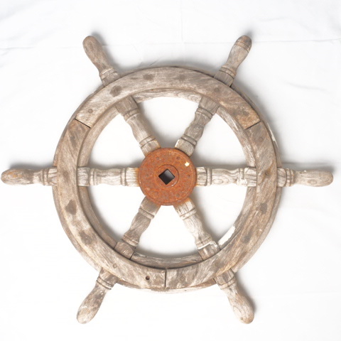 船の舵 舵輪 木製 ハンドル 幅約60cm レトロ アンティーク オブジェ/140サイズの画像1
