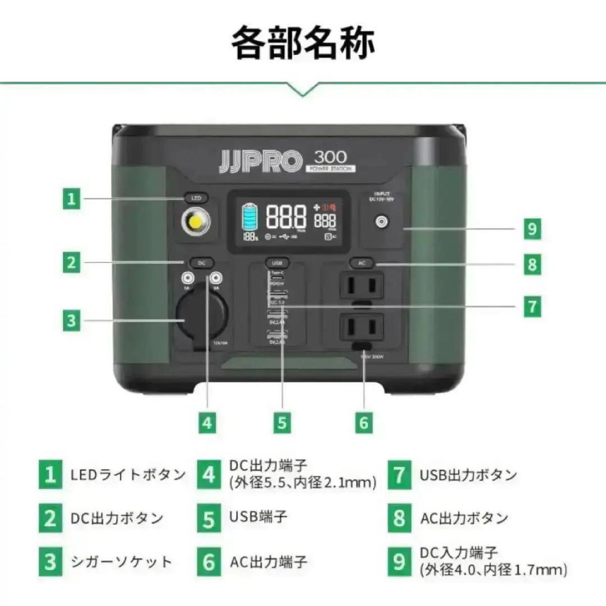 JJPRO ポータブル電源 バッテリー 300W 大容量 コンパクト アウトドア キャンプ 防災用 多機能  ポータブルバッテリー