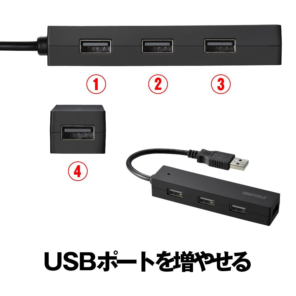 バッファロー BUFFALO USB ハブ USB2.0 バスパワー 4ポート ブラック BSH4U25BK【Windows/Mac対応】_画像2