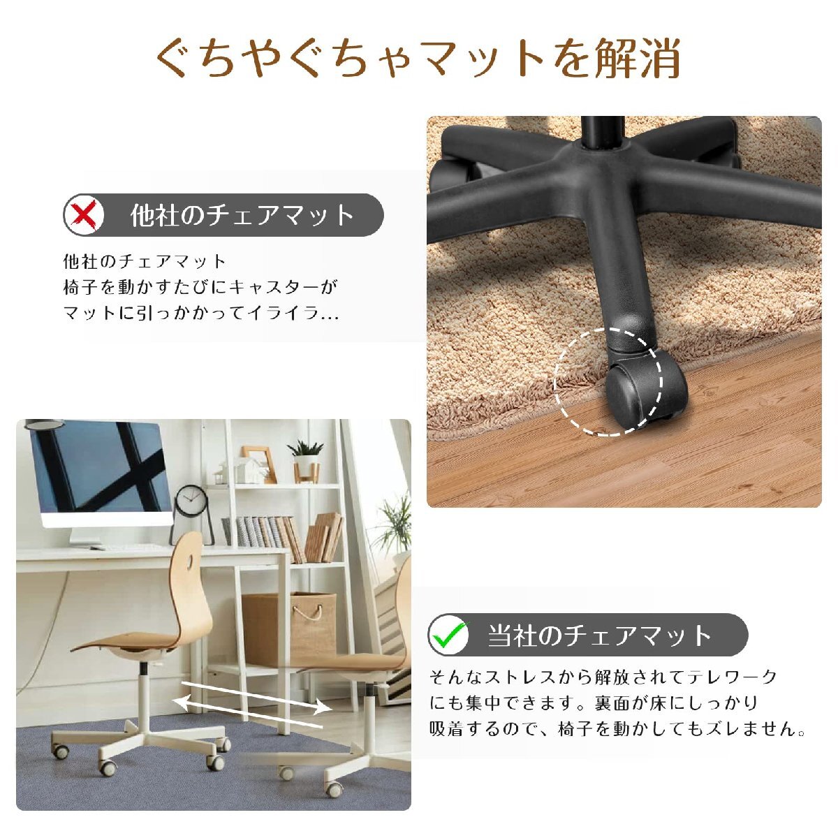 チェアマット 160×130cm 厚み4mm 床保護マット デスクごとチェアマット ズレない デスク 椅子 マット 吸音 床傷防止 滑り止 床暖房対_画像3