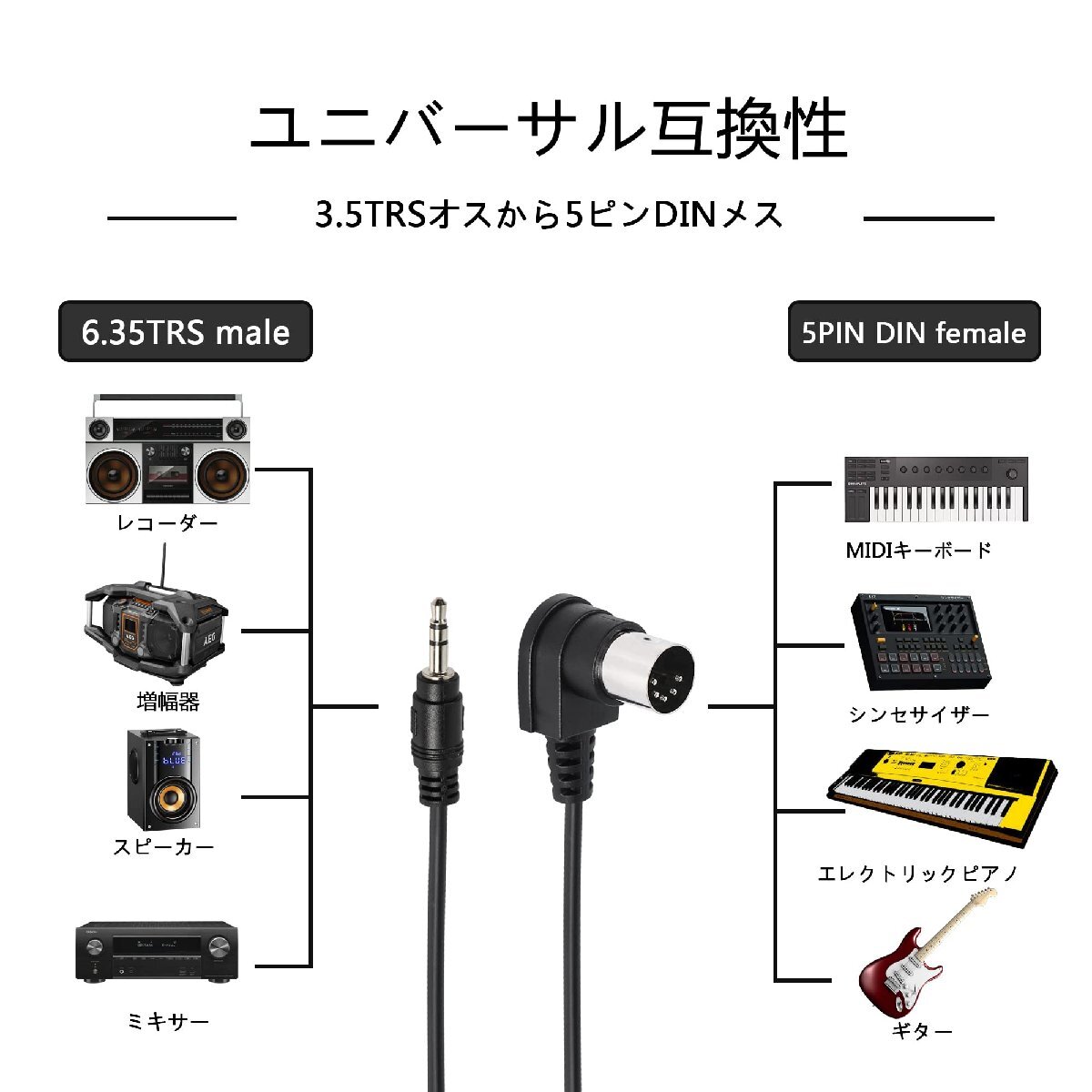 90°エルボ MIDIケーブル、 5ピンDinから3.5mm TRS 3M / 5-Pin DINプラグオスto 3.5 MM TRSオスジャックス_画像7