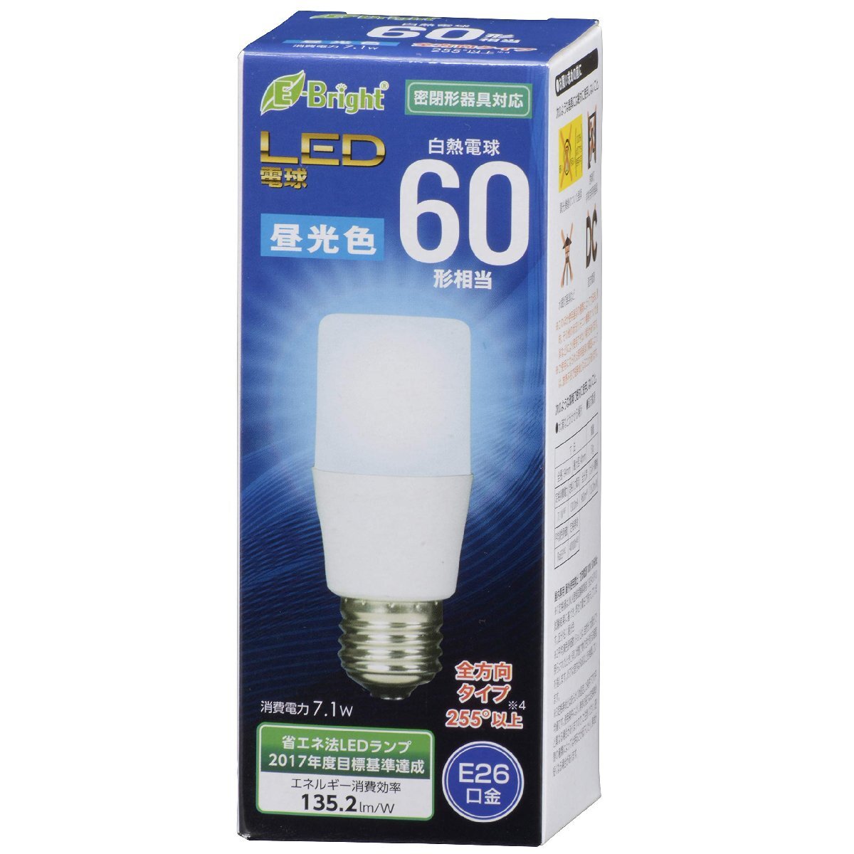 オーム(OHM) オーム電機 LED電球 T形（60形相当/960lm/昼光色/E26/全方向配光255°/密閉形器具対応） LDT7D-G AG2_画像1