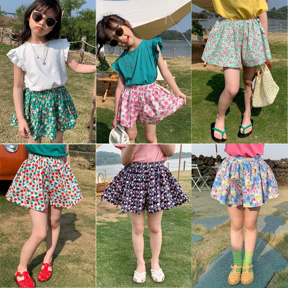 [Enfants Chris] child clothes girl short sleeves t shirt culotte skirt cotton summer clothing girls top and bottom set floral print tops short pants 