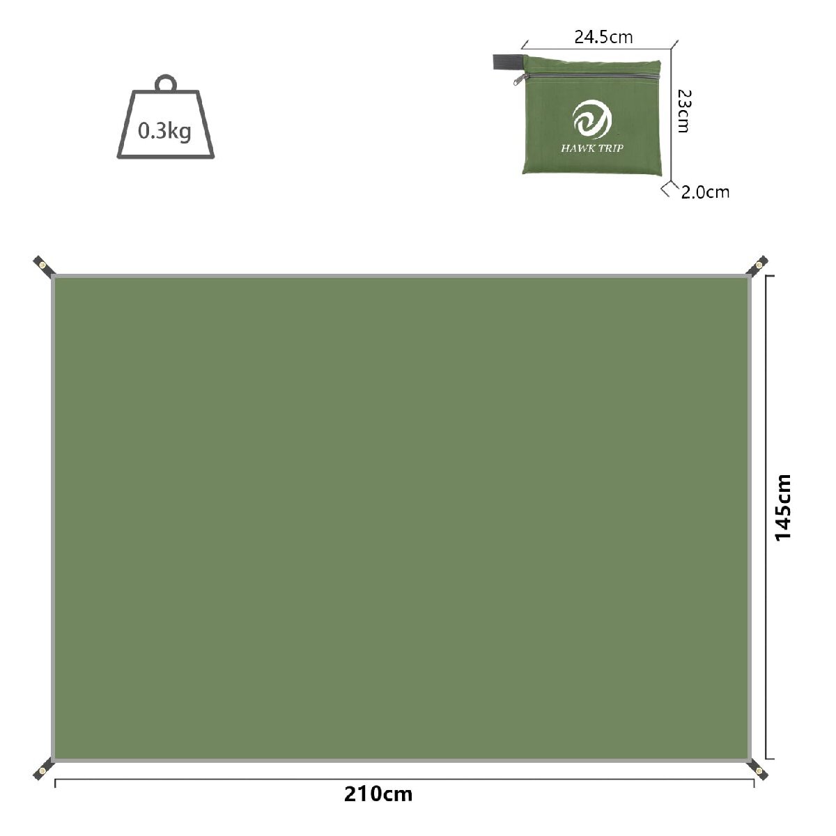テントシート グランドシート 防水シート 軽量 収納バッグ付き アウトドア キャンプ 登山 ピクニックハイキング (145x210cm, グリーン)_画像2