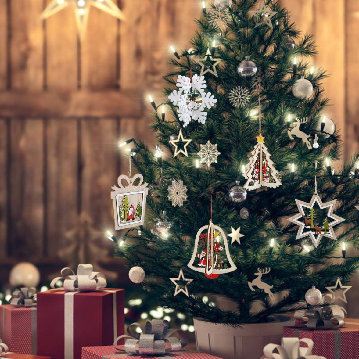LEMESO クリスマス 飾り オーナメント クリスマスツリー オーナメント 飾り 木製 ストラップ 3D 立体 8デザイン デコレーション ドロッ_画像3