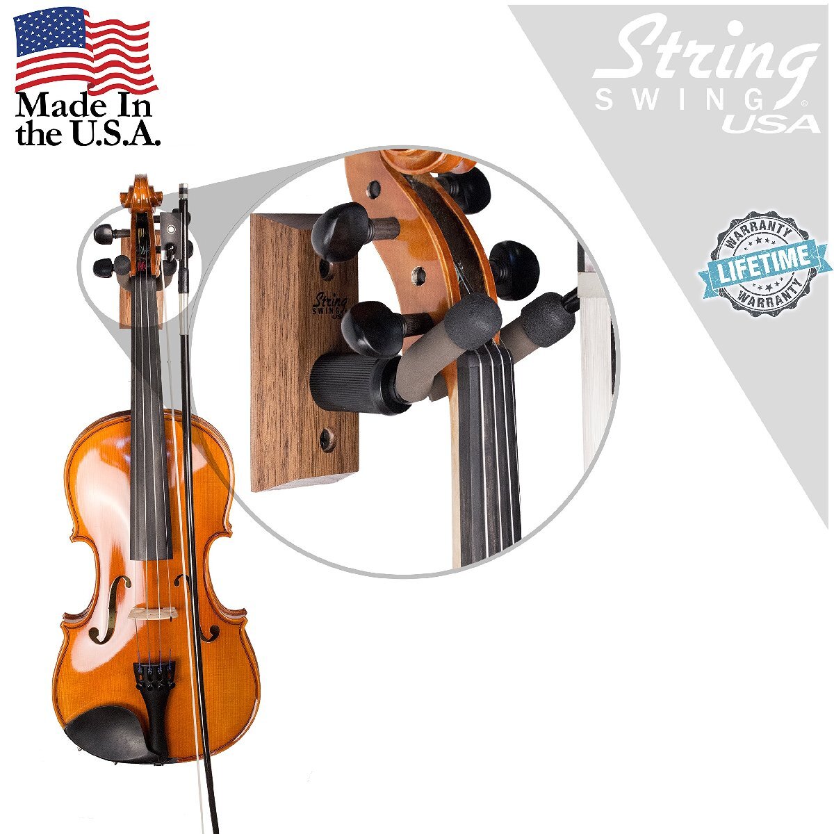 String Swing - CC01V-BW 硬材製バイオリン用壁掛けハンガー 自宅＆スタジオ用 - ブラックウォールナット_画像4