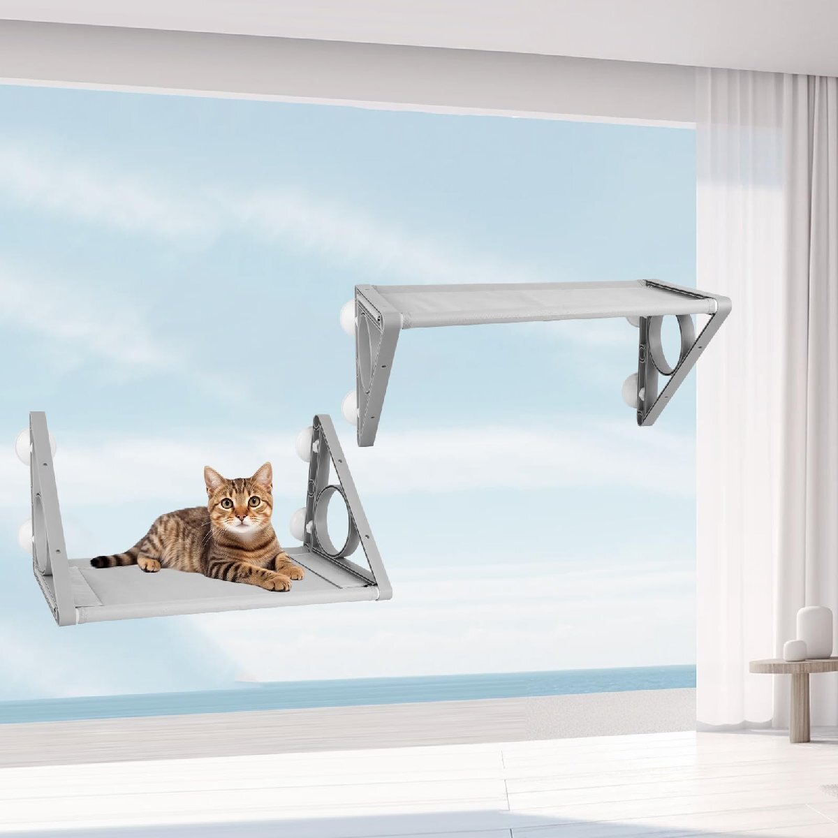 Smilemoon 猫ベッド ハンモック 窓用 吸盤式 窓ベッド 三角形安定 耐荷重約20KG 頑丈 洗濯可能 通気メッシュ マジックシール取り付け_画像4