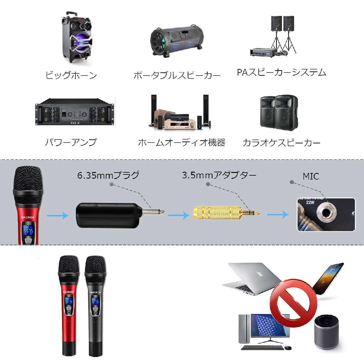 XIAOKOA ダイナミックマイク ワイヤレスマイク ハンドマイク カラオケマイク 無線マイク UHF 80m安定伝送 ハンドヘルドマイク ノイズ低_画像3