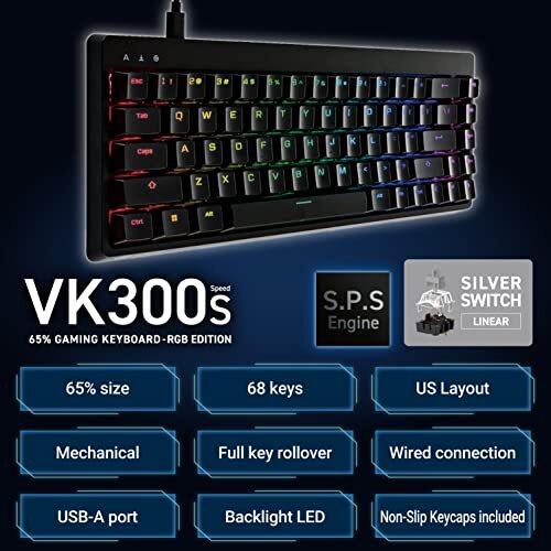 エレコム ゲーミングキーボード V-custom VK300S 【US配列】 有線 RGB テンキーレス 65%サイズ メカニカル 銀軸 スピードリ_画像2