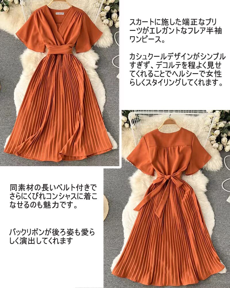 [Collecala] ワンピース洋服 結婚式ワンピース 女性プリーツワンピース 夏服レディース カシュクールVネック きれいめドレス ウエストリボ_画像5