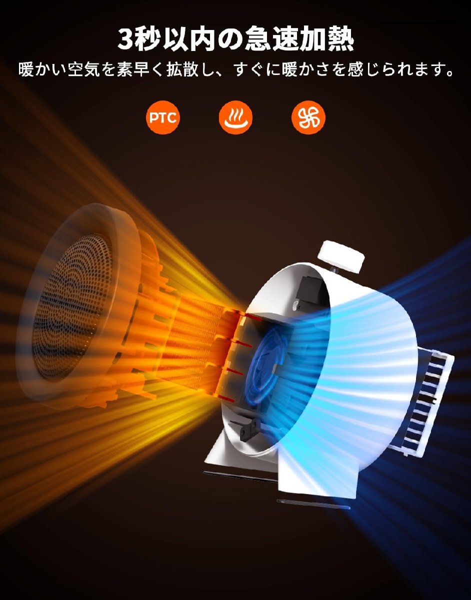 Jialexin 電気ファンヒーター 小型 セラミックヒーター 3段階風量 3秒速暖 ショック対策 過熱防止 転倒停止 省エネ 1000w ミニヒー_画像4