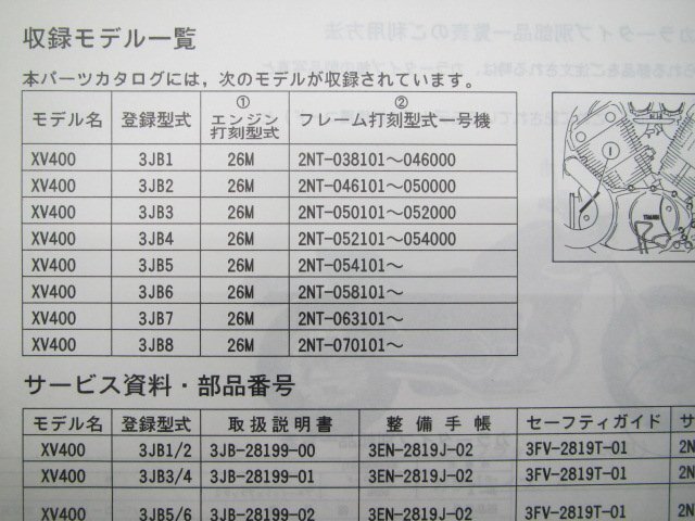 XV400ビラーゴ パーツリスト 1版 ヤマハ 正規 中古 バイク 整備書 3JB1～8 2NT 整備に GM 車検 パーツカタログ 整備書_3JB-28198-14-J1