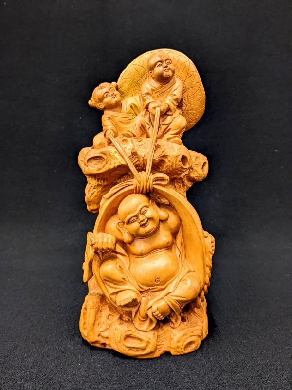 Q667 tree carving [... cloth sack .] ornament Seven Deities of Good Luck cloth sack peace furthermore image total length approximately 27.3cm/80