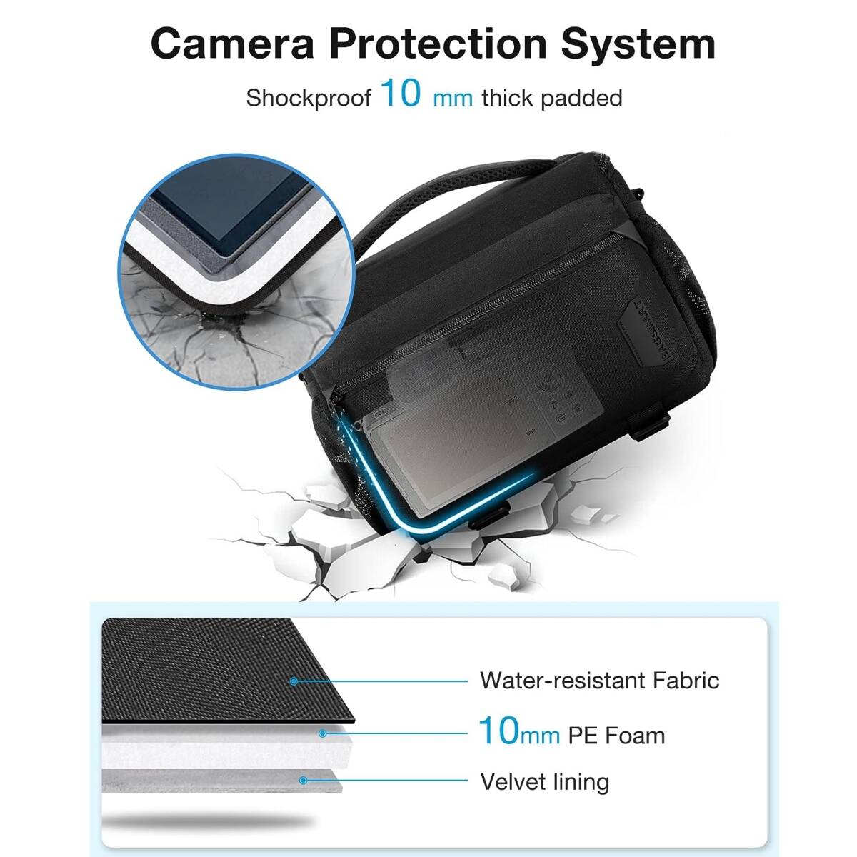 ショルダーカメラバッグ ブラック 調整可能な仕切り 三脚収納可 防水キャンバス カメラケース カメラを安全に持ち運ぶために役立つアイテム_画像7