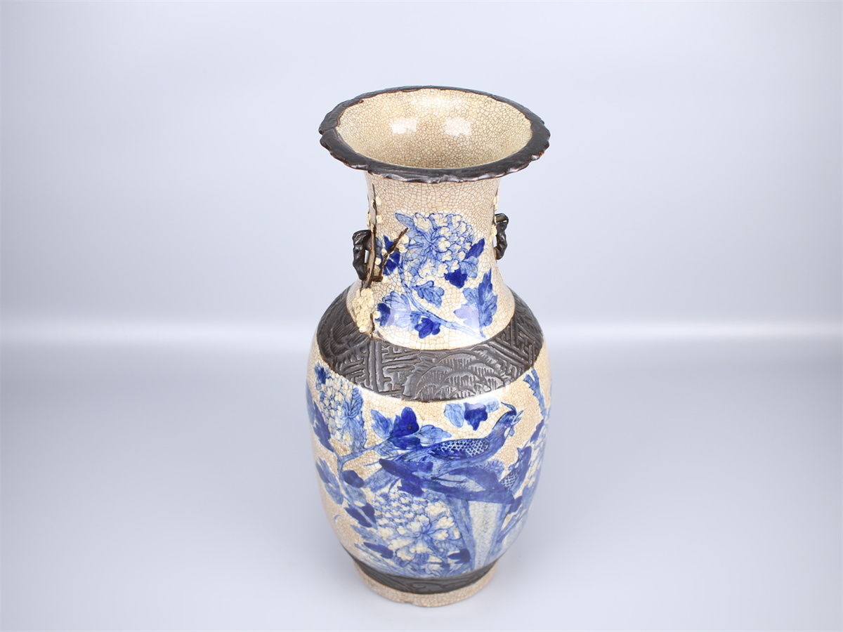 CE608 唐物 【清代景徳鎮製】 哥釉青花鉄絵 大花瓶 高47㎝／美品Y！ｚｙ_画像7