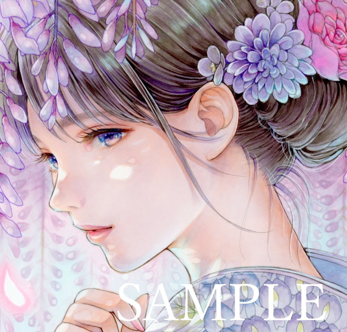 手描きイラスト 花ときみ4 『wisteria』オリジナル 創作 藤の花 女の子 着物 A4の画像1