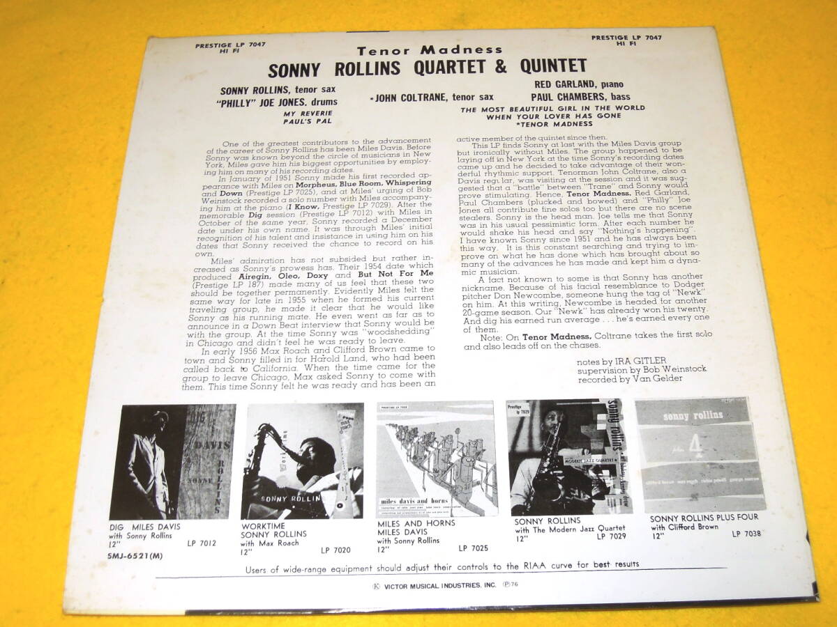 ソニー・ロリンズ SONNY ROLLINS QUARTET LP レコード TENOR MADNESS テナー・マドネス SMJ-6521M ジョン・コルトレーンの画像2
