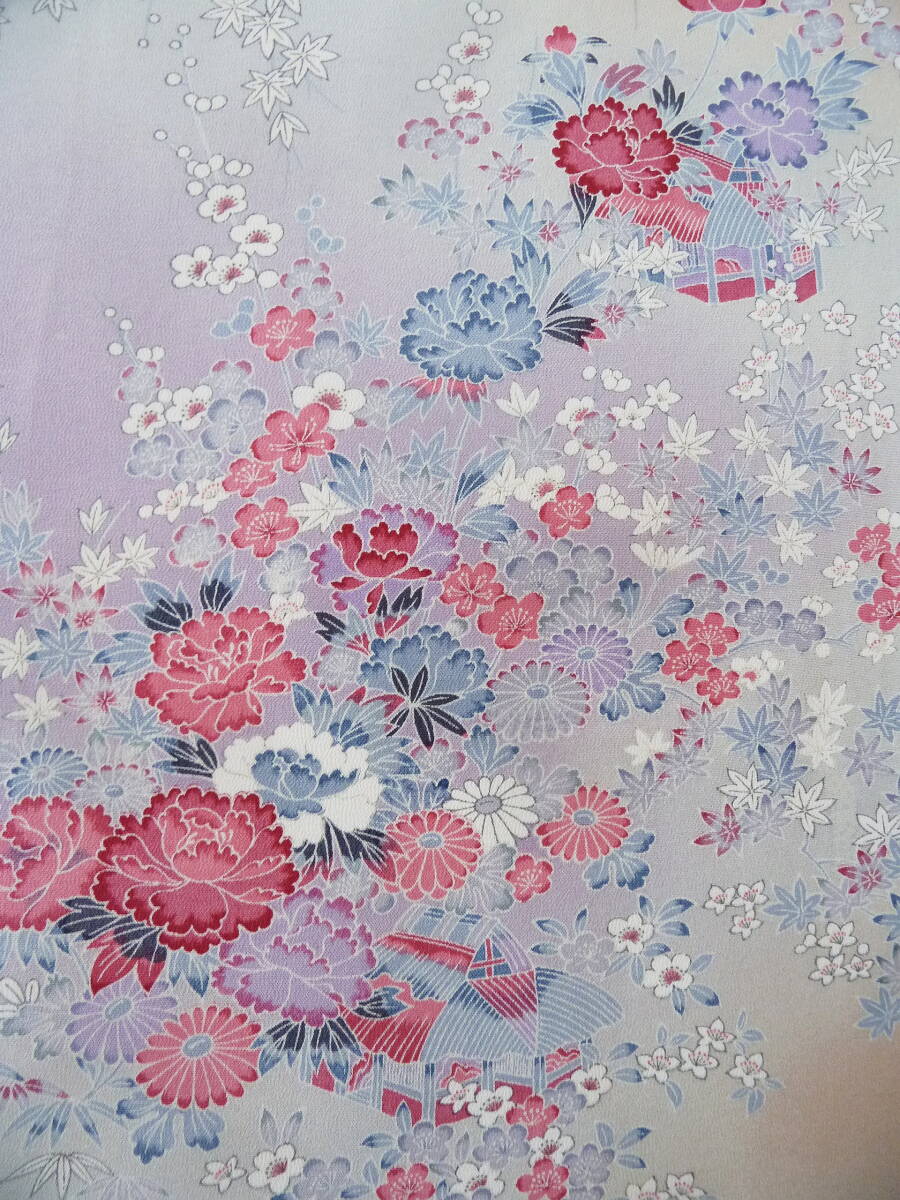 #.# old cloth kimono flap / is gire36.5×172 silk .. tender bokashi . four season . flower ash plum light purple silk . doll crepe-de-chine craftsmanship 