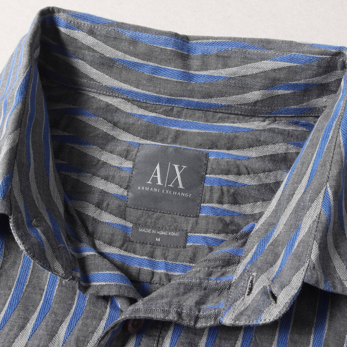 ARMANI EXCHANGE シャツ サイズ:M ジオメトリック ジャガード ストライプ シャンブレー ドレスシャツ グレー ブルー ブランド トップス_画像3