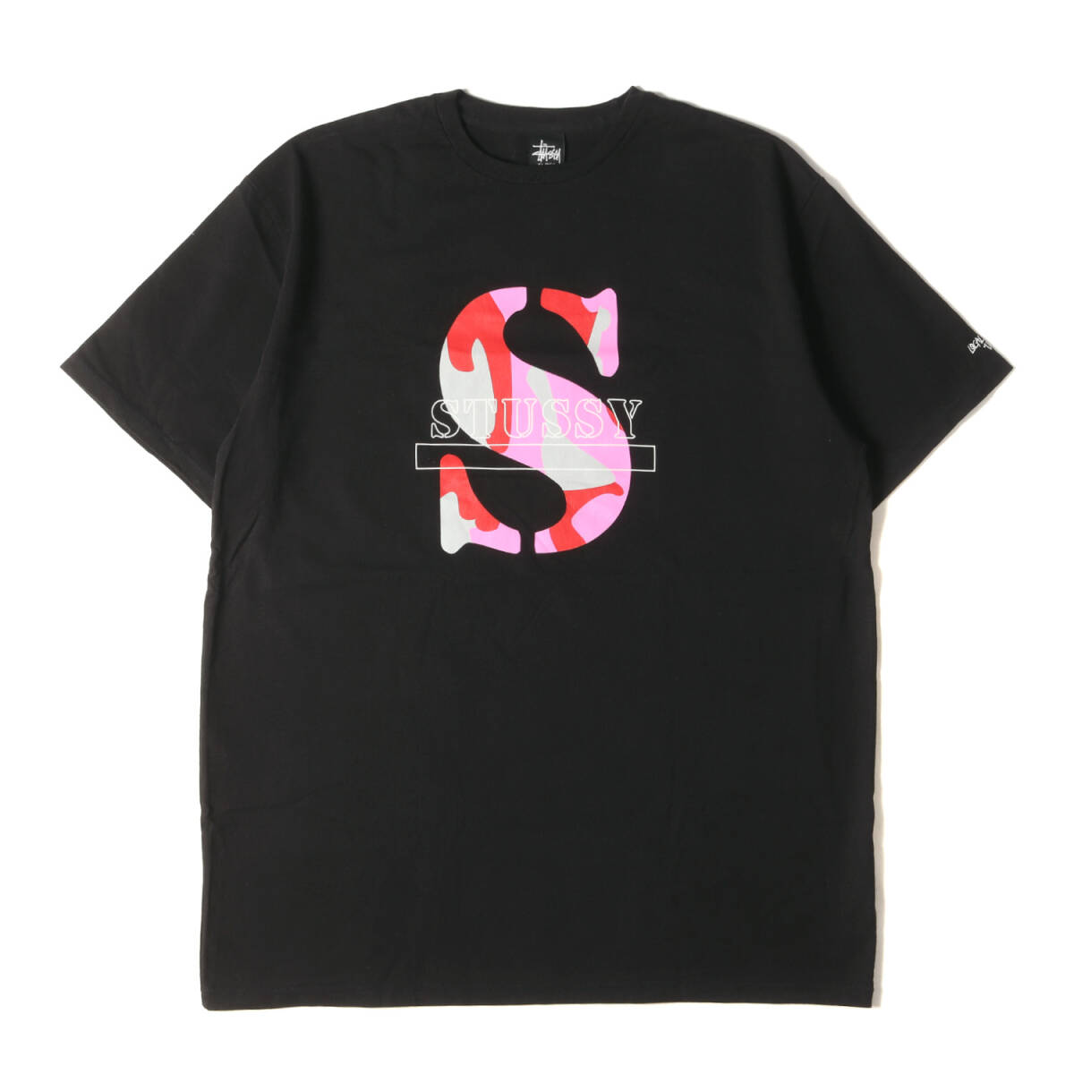 美品 STUSSY ステューシー Tシャツ サイズ:XL ローカルカラー 上野チャプト限定 カモフラージュ Sロゴ クルーネック 半袖Tシャツ ブラック_画像1