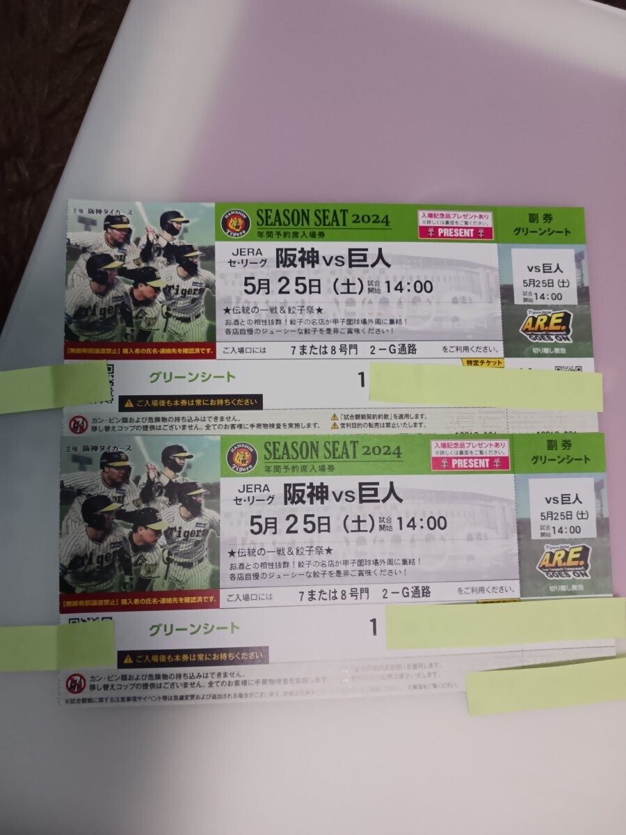 5月25日(土) 阪神甲子園球場 阪神vs巨人 グリーンシート 2連番ペアチケット プレゼントありの画像1